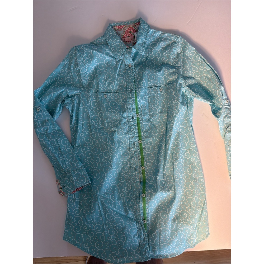 Tizzie Women's Medium Aqua Scroll Print Button Front Shirt Cotton Lycra